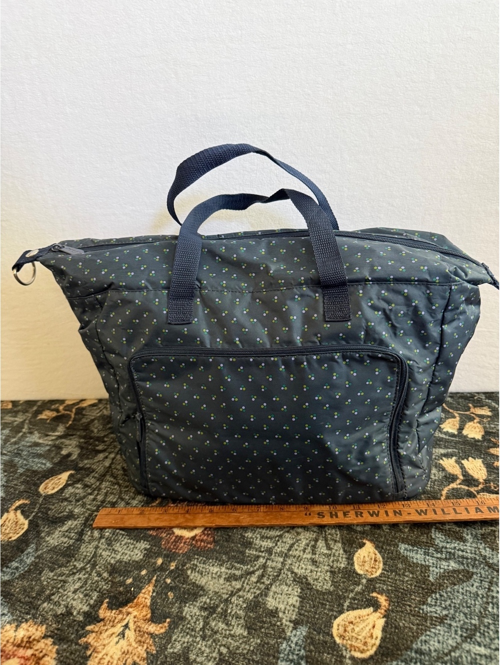 Thirty-One All-Day Organizing Tote Dot Trio Navy Blue Large Zip Top Bag 17”